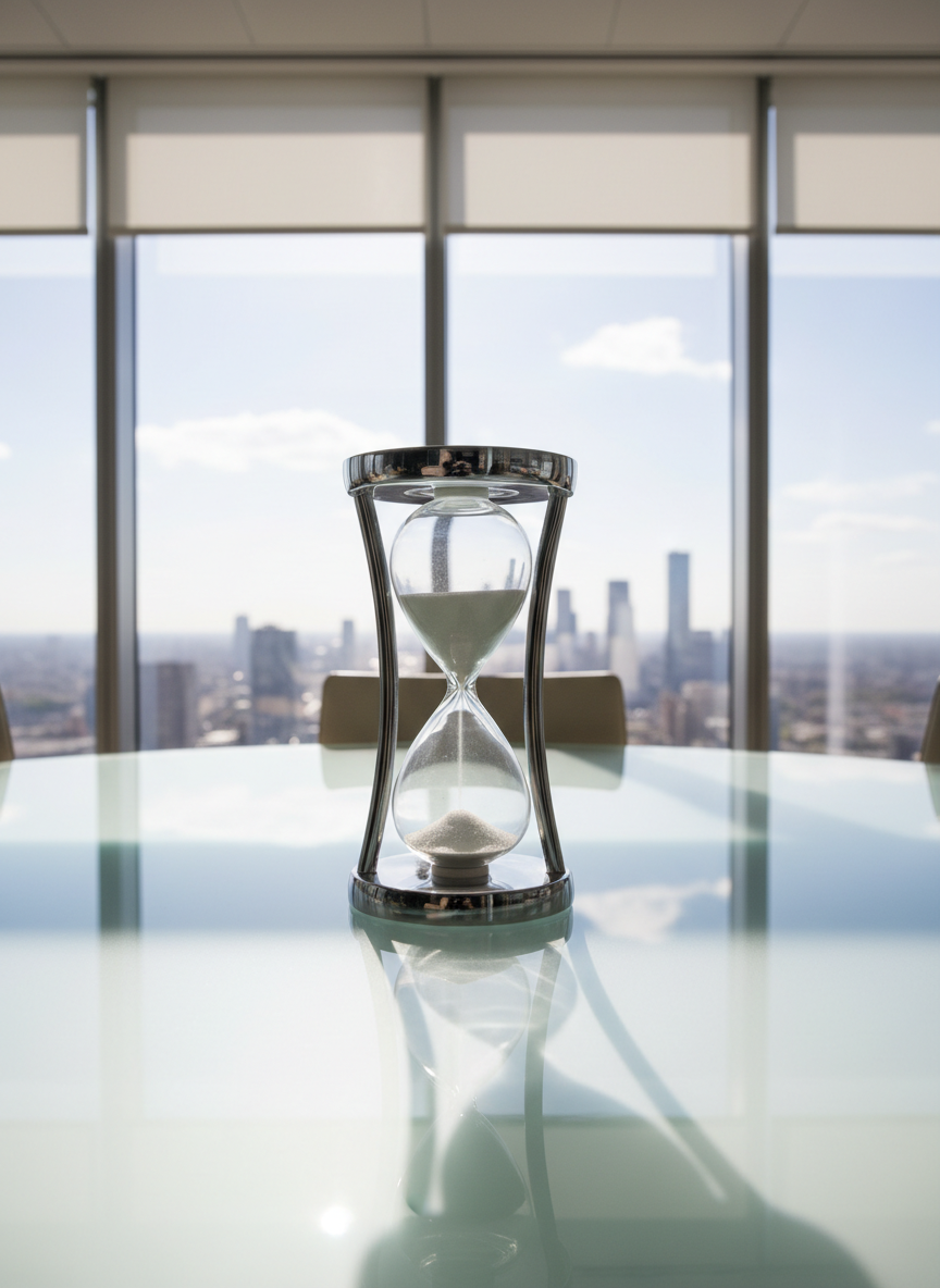 A refined glass hourglass filled with fine white sand, its polished chrome frame gleaming subtly, positioned precisely at the center of a sandblasted glass tabletop in a high-rise boardroom. The background reveals a blurred cityscape through floor-to-ceiling windows, sunlight gently diffused by sheer white blinds, casting elegant, symmetrical shadows beneath the hourglass. The mood is contemplative and professional, evoking the passage of time and strategic thinking. Photographed at eye level with a centered, structured composition, the image uses a corporate photographic style with neutral tones, supporting the theme of navigating career transitions with poise.